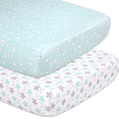 Image of The Peanutshell Star Fitted Crib Sheet Set for Baby Boys or Girls, 2 Pack Unisex Set in Mint & Grey