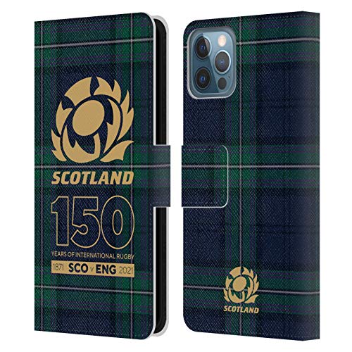 Funda iPhone 12 de cuero tipo libro Scotland Rugby tartán aniversario