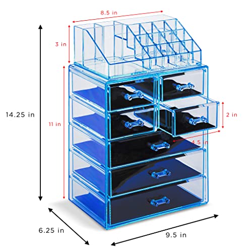 Image of Sorbus Acrylic Makeup Organizer Set, 7-Drawer Vanity & Countertop Cosmetic Storage with Small & Wide Compartments, Blue Brilliance Makeup Storage for Brushes, Jewelry - Holiday Gift for Women & Teens