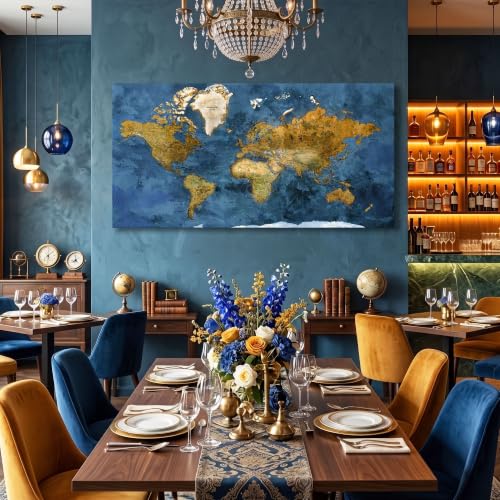 Image of World Map Wall Art for Living Room - Large Blue World Maps for Wall Decor, Framed Canvas Map Wall Art, Modern Abstract Office Wall Art, Artwork for Walls 20x40IN