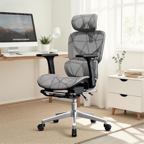 Office Chair with 3D Adjustable Lumbar Support,Ergonomic Computer Chair,Adjustable Headrest and Armrests, 400lbs Capacity,Tilt-Swivel,Premium Mesh Desk Chair for Office,Home & Gaming (Grey) - Thumbnail 5
