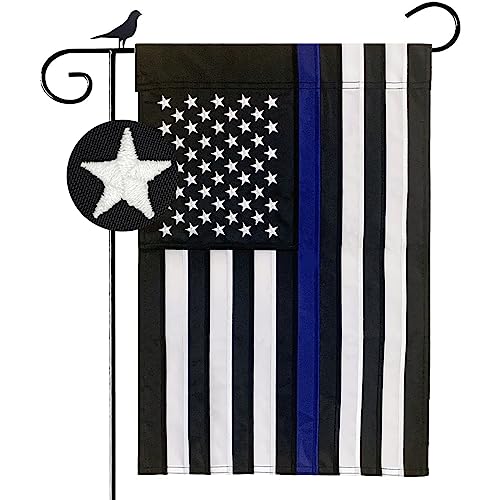 Bradford Embroidered Thin Blue Line Garden Flag 12X18 Inch, Double Sided American Police Garden Flags, Back the Blue Line Yard Flags for Outdoor Decoration Honoring Law Enforcement