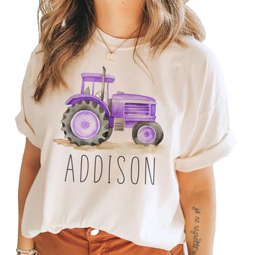 Personalized Tractor Toddler Shirt - Cute Custom Name Farmer - Purple Farm Tractor Tee - Boho Natural Kids Shirts4
