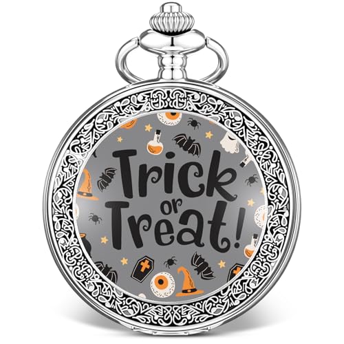 Siifert Halloween Trick or Treat Pocket Watch Halloween Eyeball Witch Bat Gift Vintage Quartz Pocket Watch with Chain for Men Women Trick or Treat Party Favor Supplies