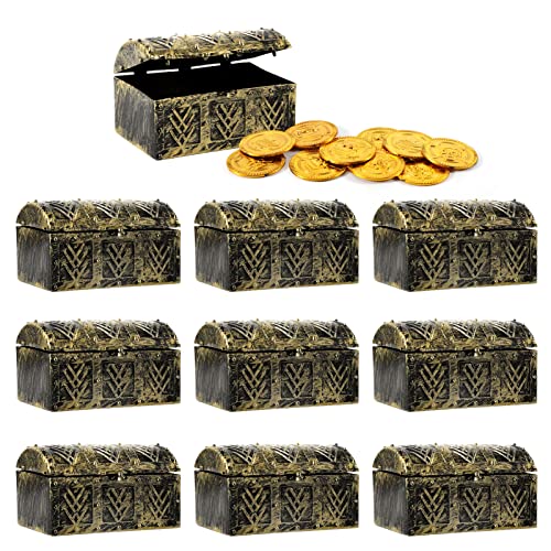 Joycabin 10 Stück Mini Piraten Schatzkisten und Pirat Münzen, Vintage Mini Schatztruhe, Aufbewahrung Schmuck Kiste für Schatzsuche Kindergeburtstag Piraten Party Requisiten Dekor - 8x5cm Cover