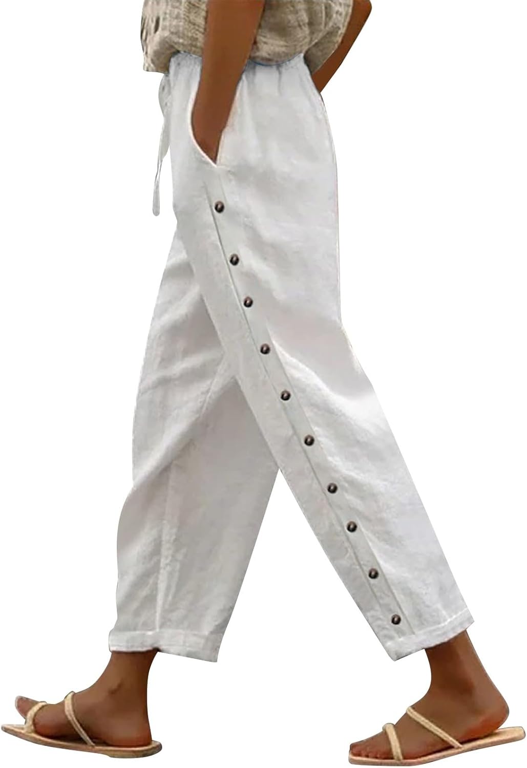 NREALY Linen Pants for Women 2025 Plus Size Trendy Striped Pants Casual Elastic Waist Comfy Trousers