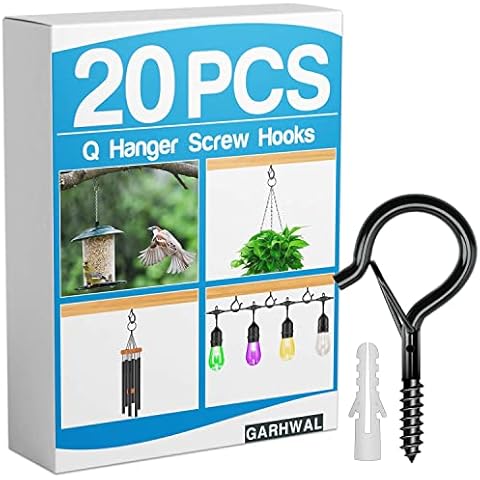 Screw Hooks for Outdoor String Lights 20 Pack, Q Hanger Black Ceiling Screw in Hooks with Safety Buckle for Hanging Plants, Christmas Lights, Patio Lights, Easy Release Cover