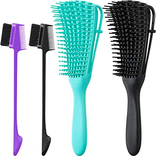 2 Pieces Detangling Brush Detangler and 2 Pieces Edge Brush Double Sided Hair Comb, Clean Knots for 3a to 4c Hair Textured Kinky Wavy Curly Wet Dry Oil Matted Hair (Black, Green, Purple)