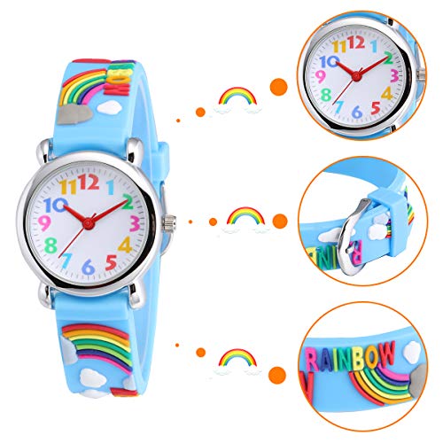 Jewtme Cute Toddler Children Kids Watches Ages 3-12 Years Old Analog Time Teacher 3D Silicone Band Cartoon Watch For Little Girls Boys (Rainbow-Blue) #TOP1