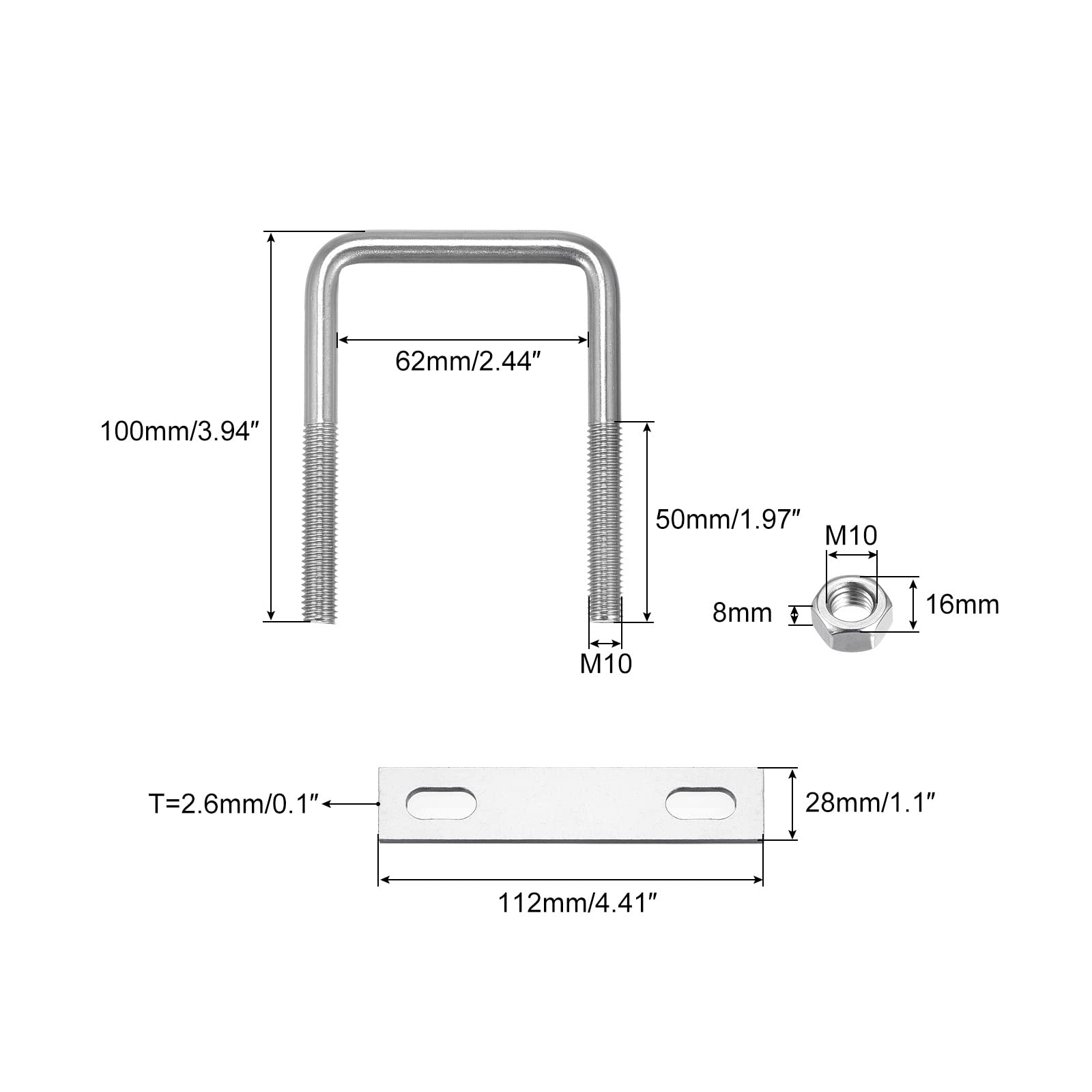 sourcing map Pernos en U cuadrados, 2 juegos 62 mm (2,44 ") Ancho interior 100 mm Longitud M10 304 Perno de abrazadera en U de acero inoxidable con tuercas y placas, para remolque de barco