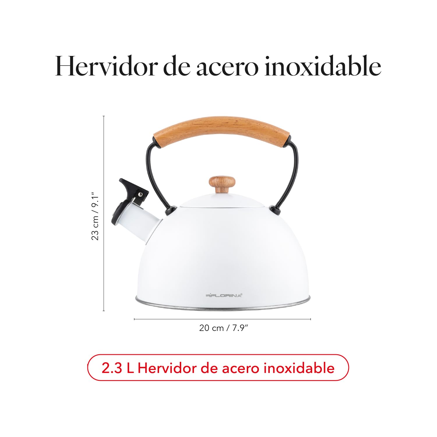 Tetera FLORINA (2,3 l) | Acero Inoxidable NATURA | Tetera Flauta con Mango de Madera | Silbato Automático | Estufa de Inducción, Estufa de Gas y Estufa Eléctrica | Color: Blanca