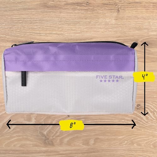 Image of Five Star Pencil Pouch 9-Pocket Zipper Storage Organizer Case for Office Supplies Earbuds Chargers Cables Makeup, Tan /Purple (505600E)