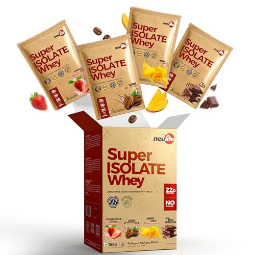 Image of Neulife SUPER ISOLATE Whey Protein | Max Absorption Protein Shake with Real Fruit Chunks | Mix Flavor Variety Pack | 4x40g Single Servings Sachets