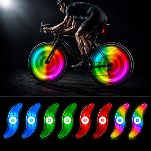 8 Pcs Bike Wheel Spoke Lights LED Tire Flash Lamp Neon Wheel Flashing Lights with 3 Flash Modes Waterproof Bike Accessories Bicycle Decoration for Adults Kids Riding (Multicolour+Blue+Green+Red)