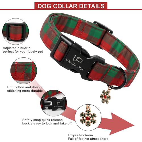 Image of Christmas Dog Collar, Red and Green Plaid Adjustable Pet Collar with Snowflake Charm, Holiday Dog Accessories for Small Medium Large Dogs