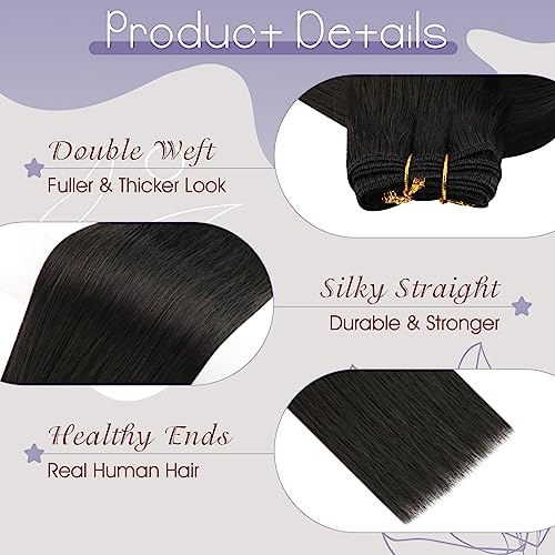 Image of Full Shine Sew In Hair Extensions Real Human Hair, Off Black 105G 16 Inch | Soft Real Hair Weft Extensions, Long Hair Length Enhancement, Natural Movement, Date Night, Event Styling