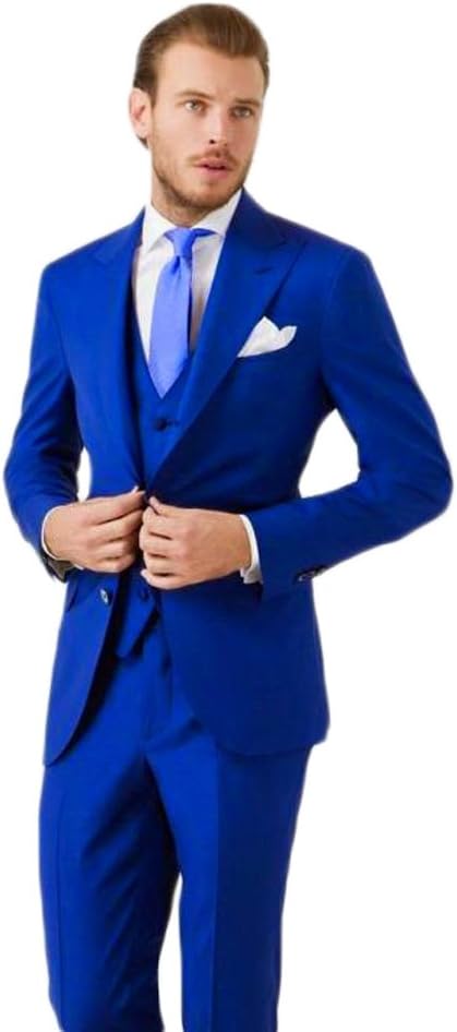 KA BeautyMen's 3 Piece Two Button Royal Blue Suit (Jacket+Pants+Vest) M