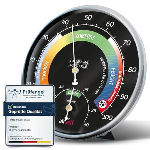 Thermohygrometer analog für innen – schwarzes Ziffernblatt mit farbigen Komfortzonen – Thermometer und Feuchtigkeitsmesser