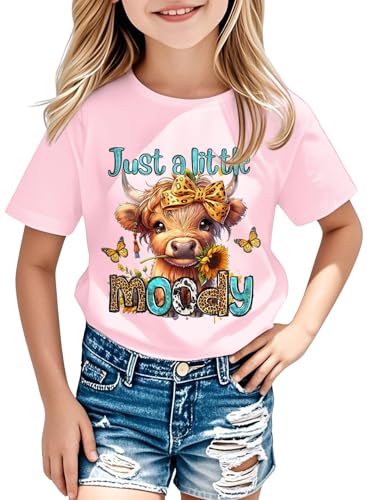 Girls Western Cow T-Shirts - Cute Cowgirl Outfits for Kids Short Sleeve Shirts Funny Tops Rodeo Graphic Summer Tee
