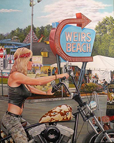 Oil Painting on Canvas, Motorcycle Wall Art, Laconia New Hampshire Bike Week, Weirs Beach, Lady Biker on Harley Davidson, Hand Painted Original by John Guillemette Oil Painting on Canvas, Motorcycle Wall Art, Laconia New Hampshire Bike Week, Weirs Beach, Lady Biker on Harley Davidson, Hand Painted Original by John Guillemette