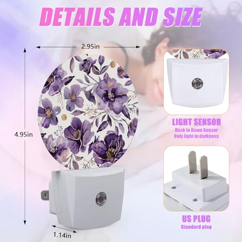 Image of Purple Flower Night Light Watercolor Floral Night Lights LED Lamp Round Plug into Wall Nightlight with Dusk to Dawn Sensor Home Hallway Stairway Kitchen Decor