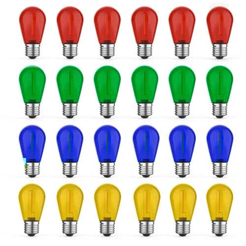 GvvooHome 24 Pack S14 Colored LED String Light Bulbs, 1W Plastic Shatterproof Replacement Bulbs for Outdoor Patio Backyard Lights, E26 Medium Base, Warm White 2200K, Dimmable, Red/Green/Blue/Orange