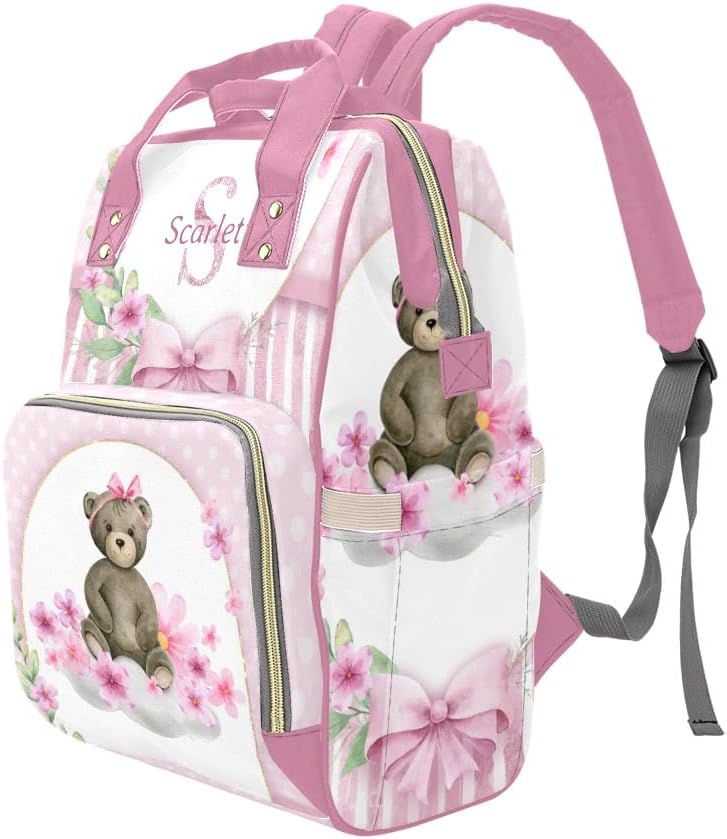 Personalized Diaper Bag Backpack Name Pink Flower Bear Dots Large Capacity Nappy Bag: Designed for Travel & Everyday Use
