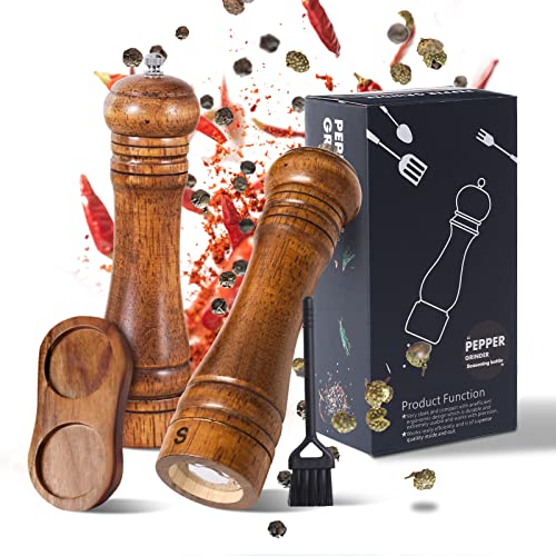 Salz und Pfeffermühle Holz Set, Einstellbarer Manuell Pfeffermühle und Salzmühle mit Untersetzer und Reinigungspinsel, Gewürzmühle für Verschiedene Gewürze ist Perfekt Geschenk für Kochbegeisterte Cover