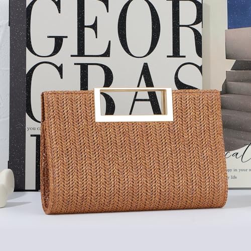 Image of Top Handle Straw Clutch for Women Summer Clutch Straw Evening Bag Raffia Crossbody Purses Woven Beach Clutch