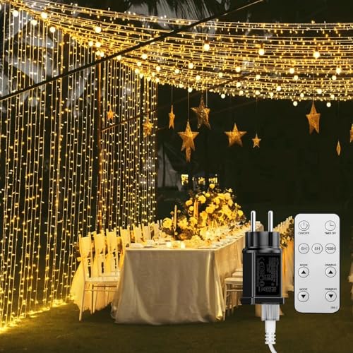 BESCOST Rideau Lumineux Exterieur, 600 LED 6m*3m Guirlande 8 Modes de Fonctionnement Lumière de Rideau pour Décoration Chambre Mariage Noël Soirée Fête Blanc Chaud