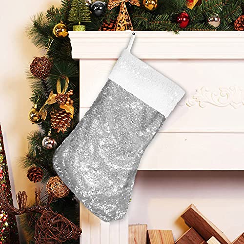 Jyflzq Silver Sequin Christmas Stockings 2Pc,16 Inch Glitter Bling Xmas Stockings Personalized,Sparkly Christmas Fireplace Party Decorations, For Kids #TOP23