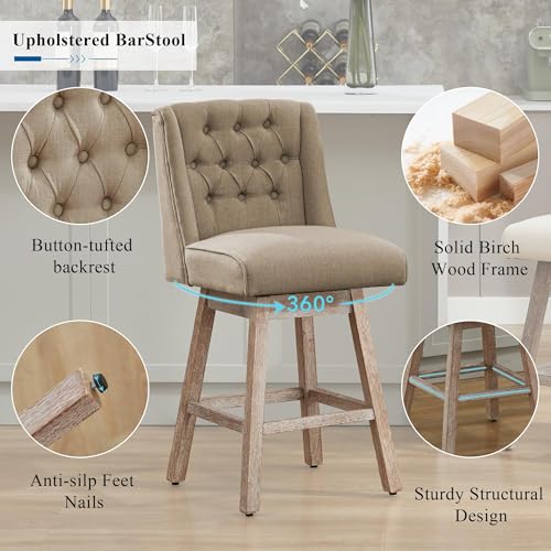 Image of Counter Height Bar Stools Set of 3, 360Swivel Bar Stools with Back and Wood Legs, 26 inch Morden Linen Fabric Upholstered Barstools for Kitchen Island Dining Room Bar