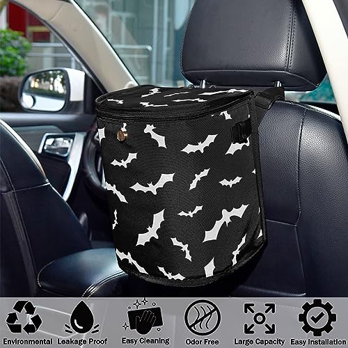Image of Bat Car Trash Can Halloween Black Car Garbage Bag with Lid Hanging Waterproof Leak Proof Vehicle Storage Bin