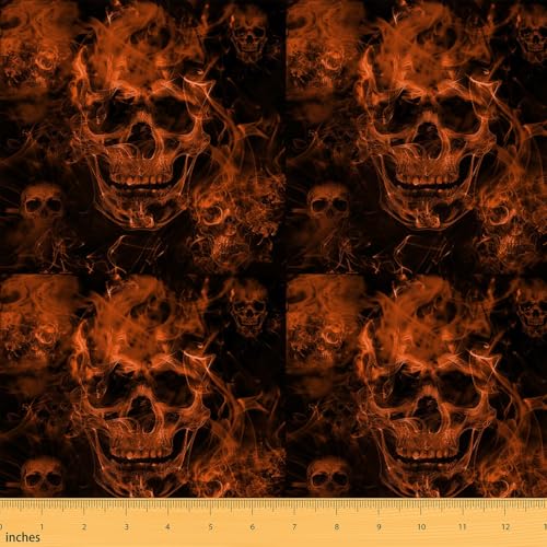 Homemissing Sugar Skull Fabric by The Yard Kids Gothic Skull Upholstery Fabric for Kids Adults Halloween Waterproof Outdoor Fabric Smokey Orange Black Reupholstery Fabric 3 Yards (L276*W150cm)