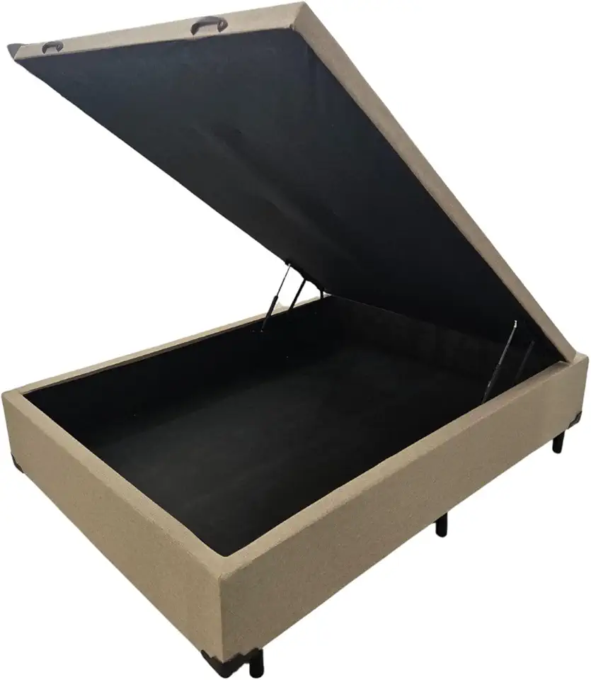 Base Cama Box Bege Com Baú Casal Linho 1,38 X 1,88cm Reforçada - Madeira Eucalipto