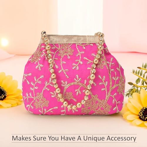 Image of Kuber Industries Pack of 2 Potli Bags for Ladies & Girls | Women Shagun Pouches for Festive Seasons | Bridal Purse | Moti Embroidery- Peach & Pink