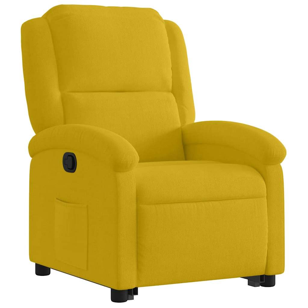 Fauteuil rehausseur inclinable jaune en velours avec moteur électrique et fonction manuelle, assise rembourrée et cadre stable pour un maximum de 110 kg, confortable avec dossier