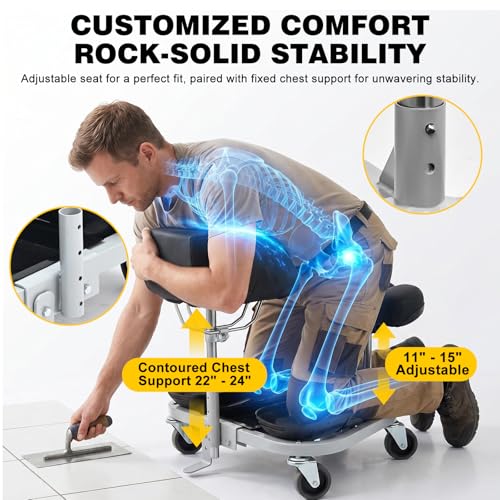Image of Rolling Knee Creeper with Chest Support and Adjustable Seat 11.5 inch-15.5 inch Height Ergonomic Kneeling Cart 360 Mobility 5 Heavy Duty Casters with Tool Tray for Tile Installation, Flooring Work.