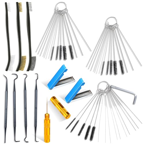 Yiyiring Carburetor Cleaner Kit Torch Tip Cleaner Set Includes 3 Double Headed Brush 30 Needles 15 Nylon Brushes 1 Hexagonal Wrench 1 Scraper and 4 Cleaning Hooks 2 Aluminum Case for Motorcycle ATV