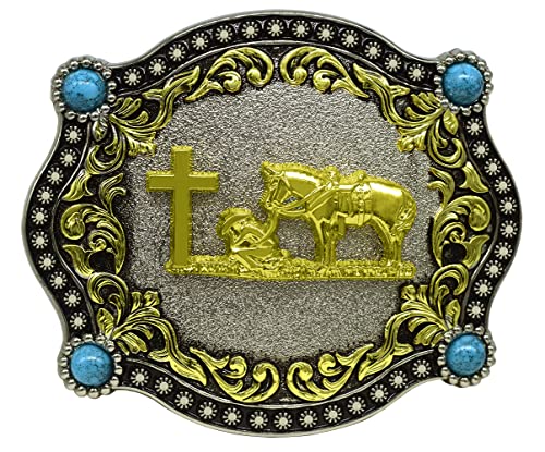 Image of Moranse Cross Cowboy Kneeling Prayer Horse Zinc Alloy Belt Buckles