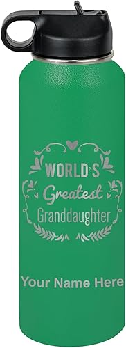 Miniatura 55 de LaserGram Botella de agua de doble pared con tapa abatible de 20 onzas con popote, la nieta más grande del mundo, grabado personalizado incluido