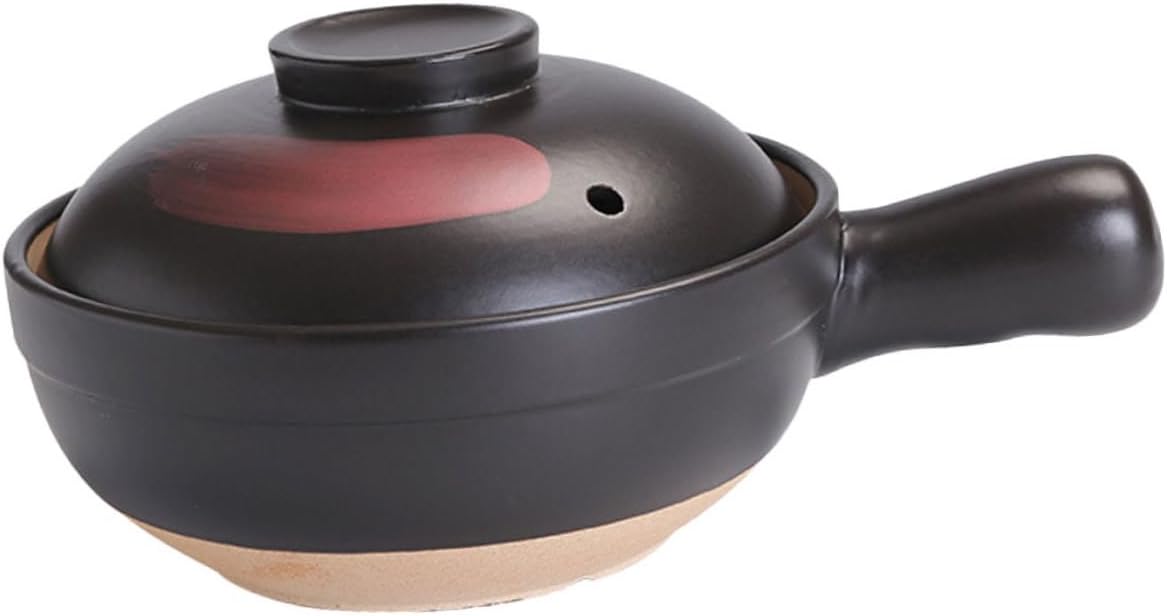 Kichvoe Large Black Clay Casserole Pot with Single Handle for Stew Soup Rice Cooking High Temperature Resistant Food Stew Pot with Flat Bottom for Even Heating for Family Meals and Garden
