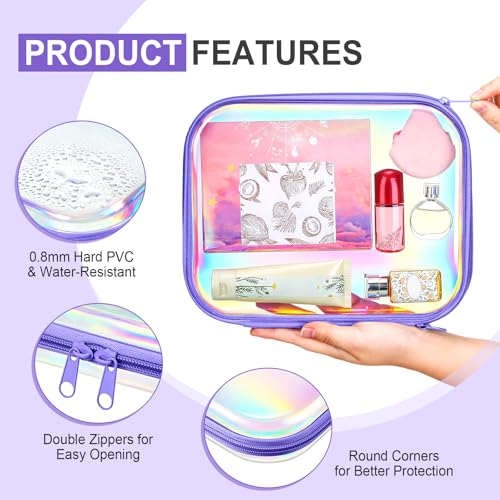 Image of Hoolerry 4 Pcs Hard Clear Zipper Case Makeup Bags Plastic Zipper Pouch Transparent Storage Box Containers for Cosmetics, Snacks, Building Blocks, Puzzles(Clear,9.8 x 7.9 x 2 in,Purple Laser)