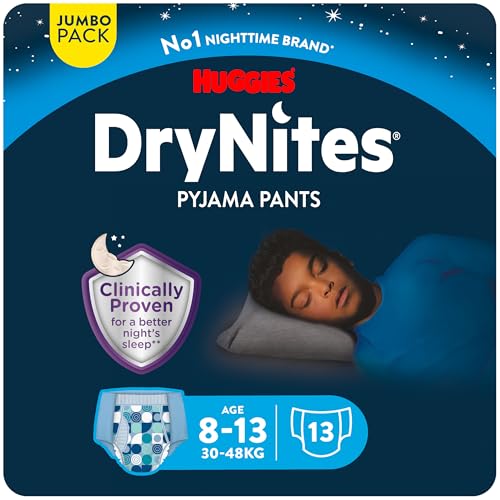 Huggies DryNites Calzoncillos absorbentes para niño 8-13 (30-48kg), Clínicamente probado con 5 capas de máxima protección nocturna, 13 pañales de noche