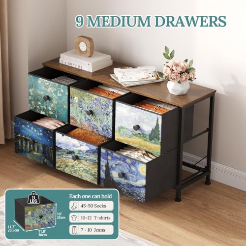 Image of EXOTICA 6 Drawer Dresser for Bedroom Van Gogh Chest of Drawers Wide TV Stands Fabric Storage Drawer Unit for Living Room Entryway Closet Sturdy Steel Frame Wood Top