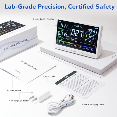 Fil-Fresh 16 in 1 Air Quality Monitor Indoor, Real-Time Air Quality Monitor with 9 Display+7 AQI Alerts for CO2, TVOC, HCHO, PM2.5, PM1.0, PM10, Time, Temperature, Humidity Meter, 7\" Large Display