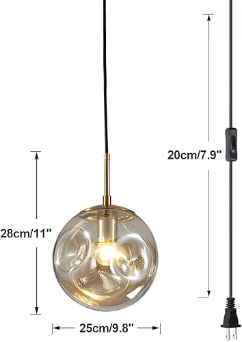 Miniatura 2 de BOKT Lámpara colgante de vidrio ámbar dorado con cable de enchufe, moderno globo grande enchufable, iluminación colgante de latón cepillado, lámpara