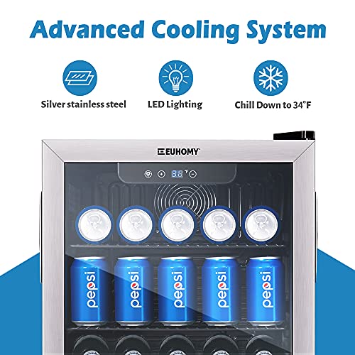 Image of EUHOMY 90 Can Beverage Refrigerator cooler, Mini Fridge Glass Door for Beer Drinks Wines, Freestanding Beverage Fridge with Adjustable Shelves.