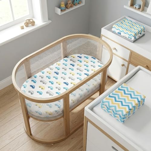 Image of 2-Pack Bassinet Sheets - 100% Cotton Jersey Knit Cars and Chevron Bassinet Mattress Pad Fitted Sheets for Baby Boy; Compatible with Bassinet Bedside Co-Sleeper Lounger Brands; Oval Rectangle Mattress