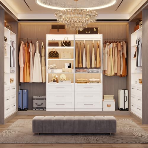 Image of Closet System with 12 Wooden Drawers, 8-21F Closet Organizer System, Walk-in Closet or Small Closet System with Shelves, Modular Closet Systems with 6 Expandable Hanging Rods, 4 Sets, White